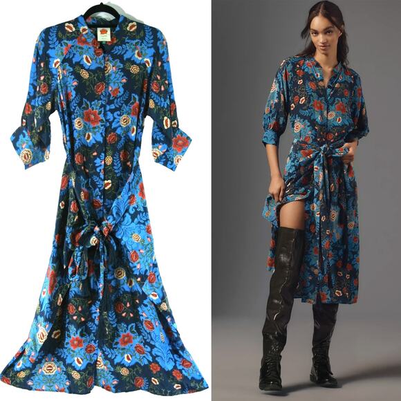 $298 NWT FARM RIO Blue & Red Arabesque Floral Midi Dress –  Medium - Picture 1 of 15